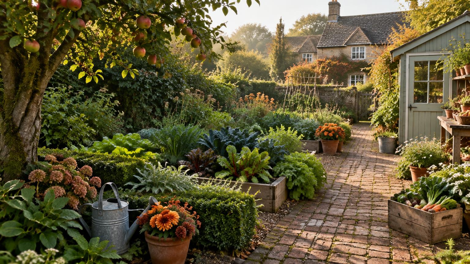 An English kitchen garden with leafy vegetable beds and a traditional potting greenhouse